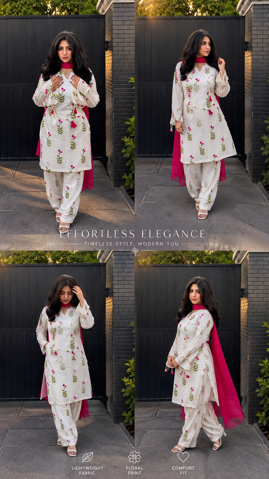 Off-White & Pink Floral Printed Kurta Set | Ethnic Kurta Set – view 2